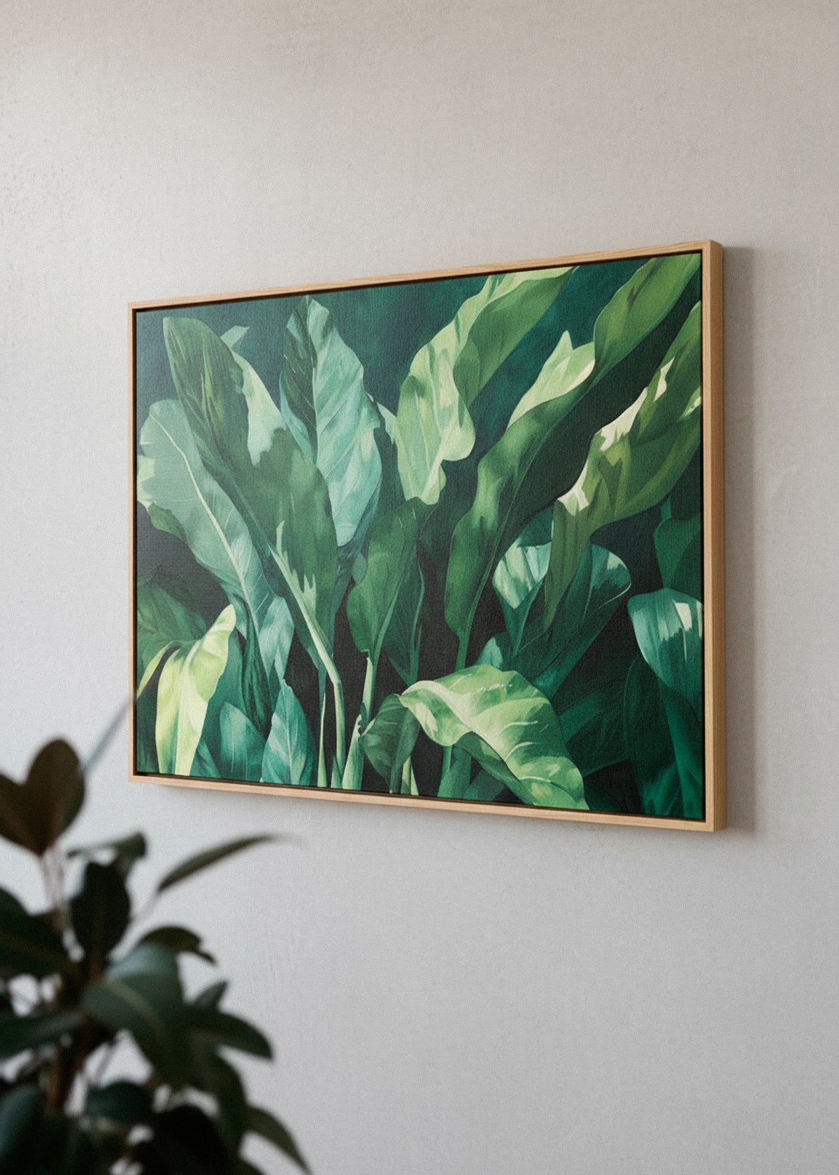 “Plant” canvas print hanging on a rustic wooden wall with cushions and a knitted blanket, styled in a warm natural setting.