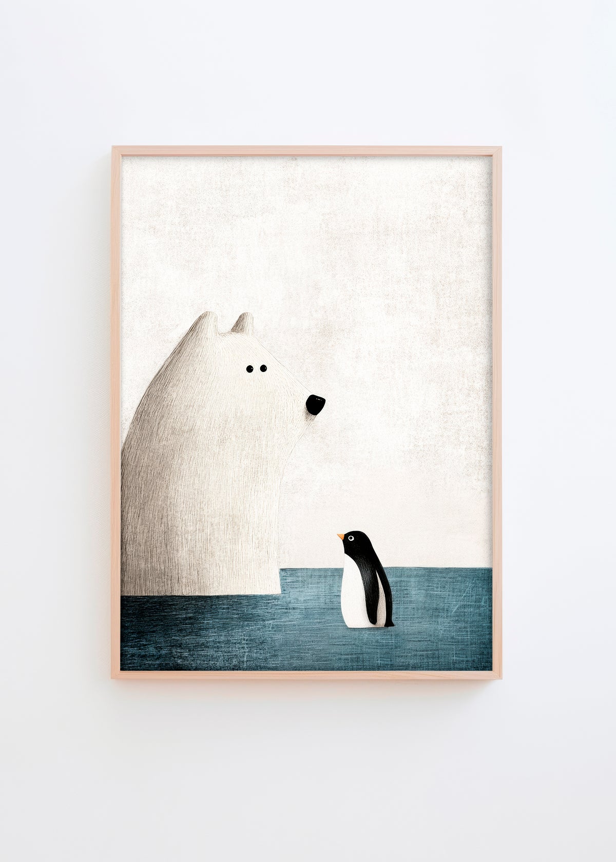 Minimalist illustration of a polar bear and a penguin in soft, neutral colors.