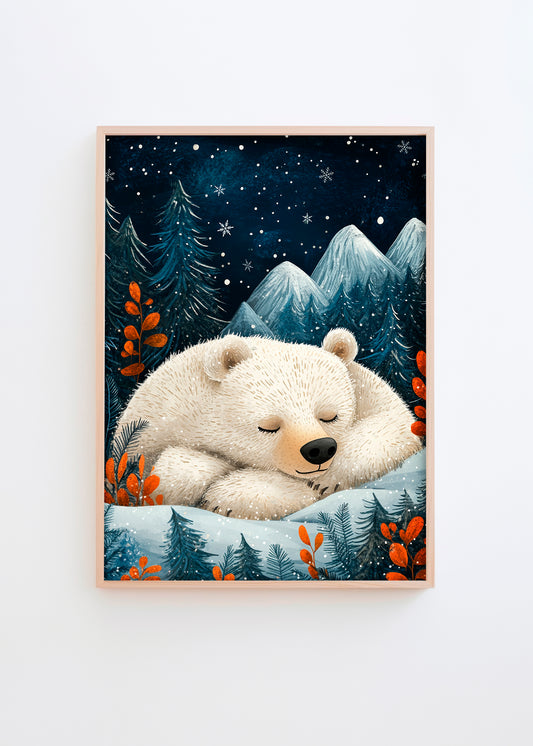 A serene poster featuring a peaceful polar bear resting in a snowy forest with blue trees, glowing mountains, and vibrant orange details, perfect for kids' rooms and Christmas decor.