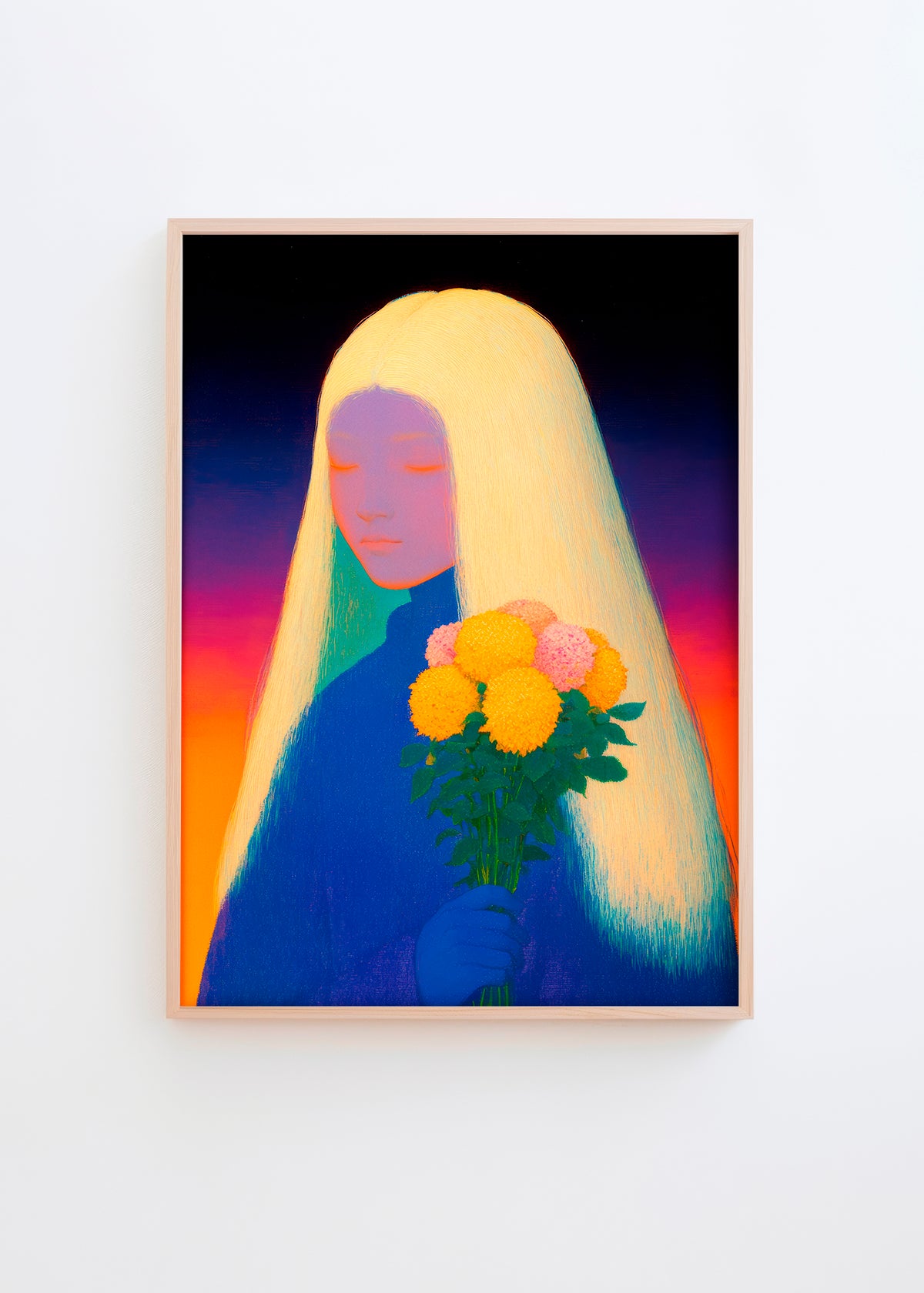 A serene art poster titled Purple, featuring a lavender-faced figure with flowing golden hair, holding vibrant yellow and pink flowers against a gradient orange-violet background.