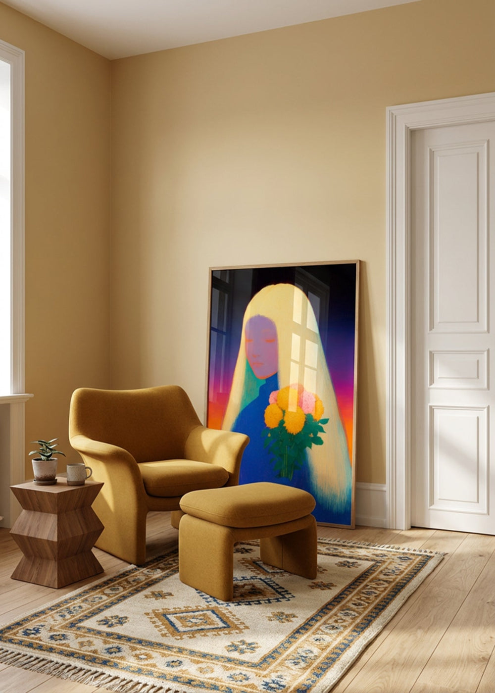 Purple XL poster leaning against wall in warm Scandinavian interior with mustard armchair and natural wooden floor.