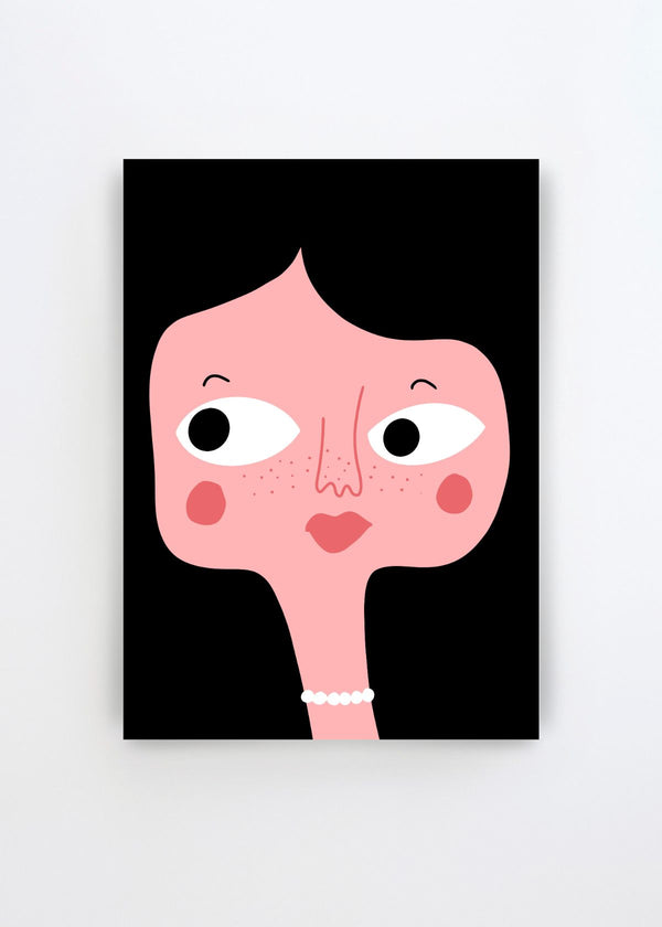 Quirky Pink Face by Athene Fritsch art print featuring a stylised pink face with large black and white eyes, freckles, rosy cheeks and a pearl necklace against a bold black background.
