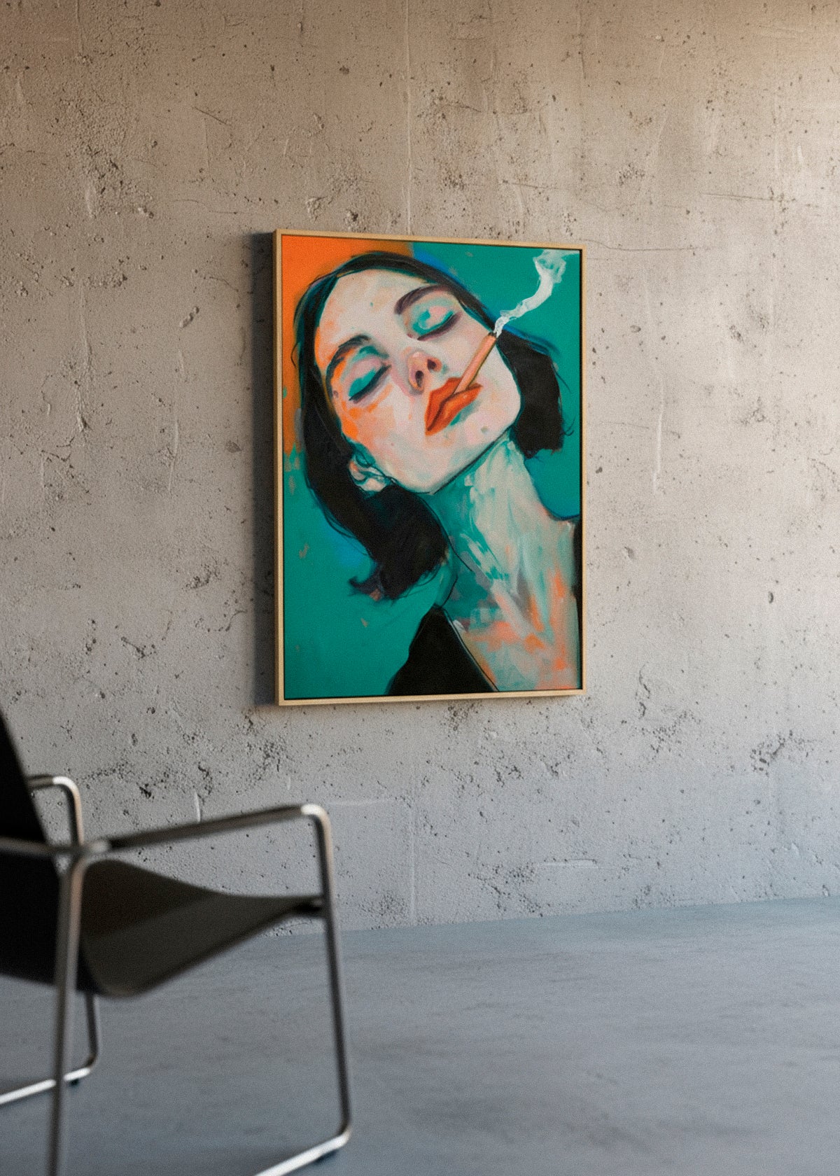Framed Rebel canvas artwork hanging on a dark wall with warm sunlight – expressive modern portrait print from HelloPoster, perfect for contemporary interiors.
