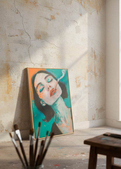 “Rebel canvas print in light concrete room – modern framed wall art from HelloPoster featuring a bold portrait of a woman with closed eyes and cigarette, displayed against a raw textured wall.”
