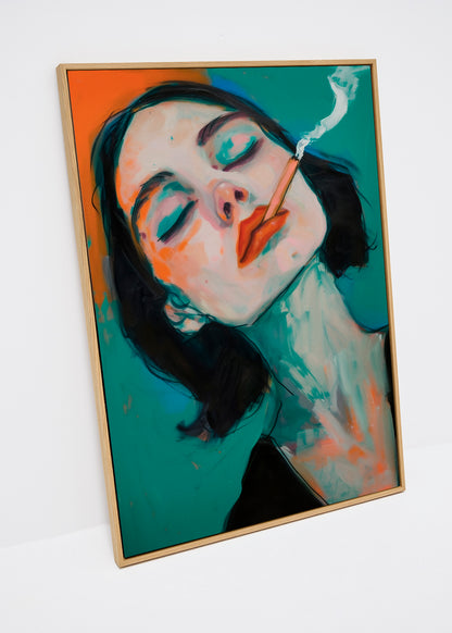 Canvas print with a portrait of a woman with red lips and cigarette, painted in bold teal and orange tones on a green background.