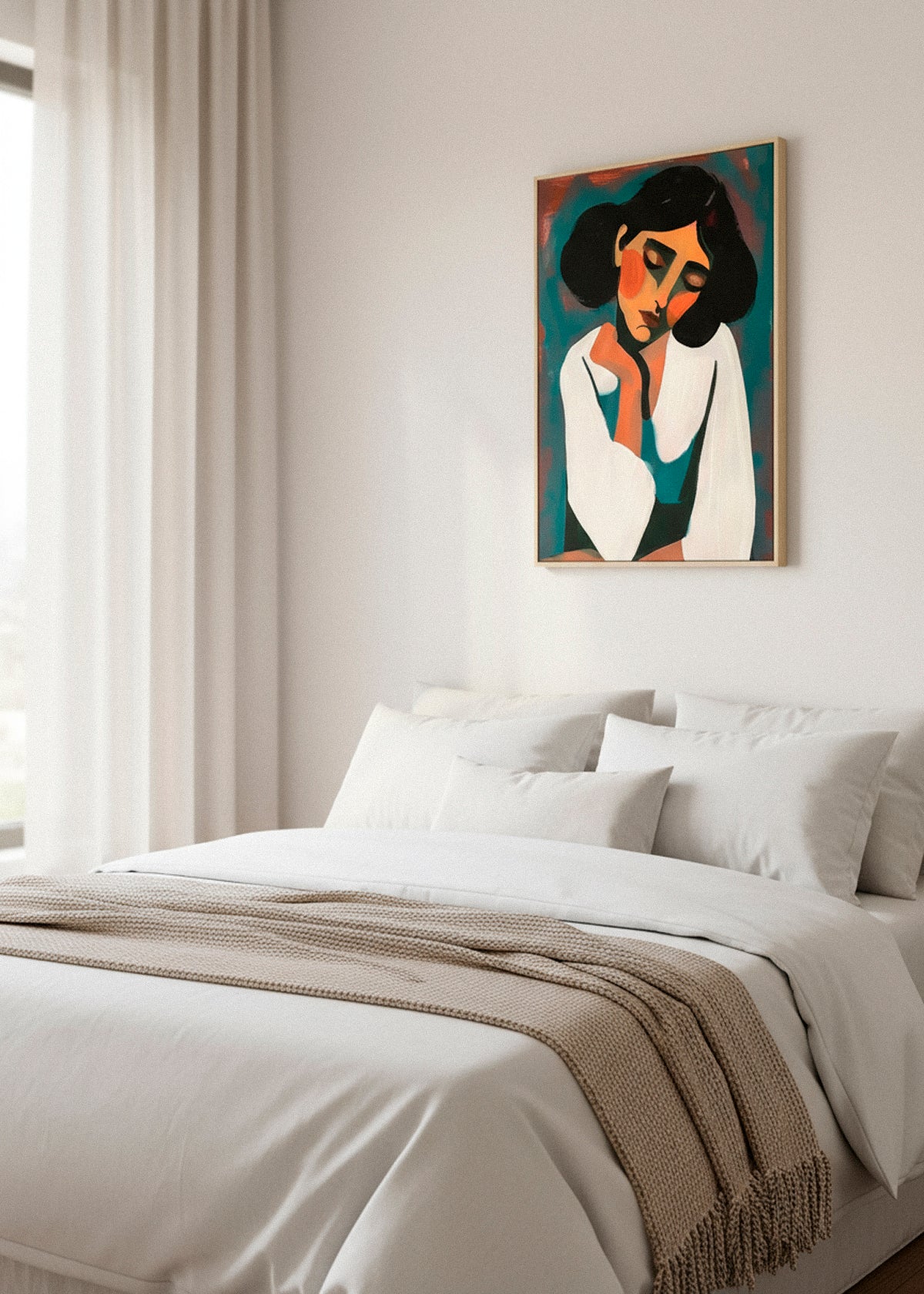 Framed “Rest” canvas print above a striped beige sofa in a bright, modern living room with gentle morning light.