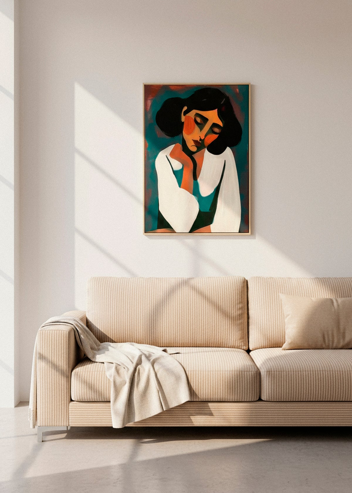 “Rest” canvas print featuring an abstract portrait of a woman with dark hair and white clothing on a warm teal and rust background. Displayed in a calm, minimal bedroom.