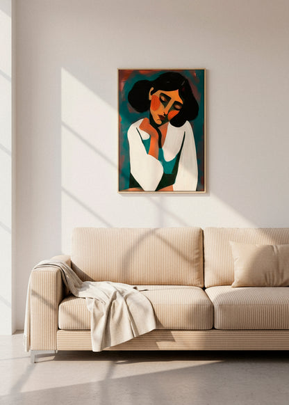 “Rest” canvas print featuring an abstract portrait of a woman with dark hair and white clothing on a warm teal and rust background. Displayed in a calm, minimal bedroom.