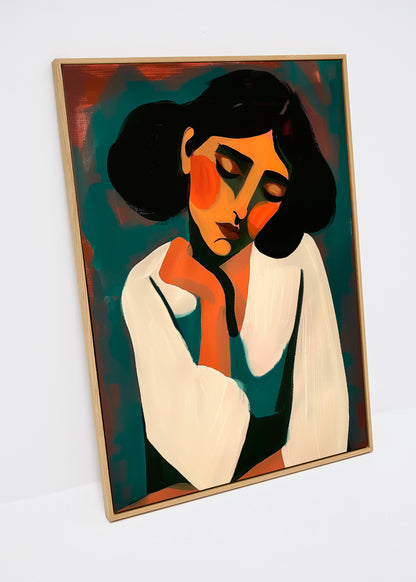 Canvas print featuring an abstract female figure resting her head on her hand in warm tones of terracotta, cream, and green – perfect for calm, minimalist interiors.
