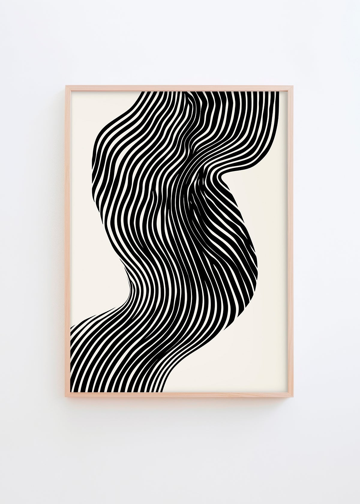 "River" black and white abstract art poster with flowing, curving lines, perfect for modern and minimalist interior decor.