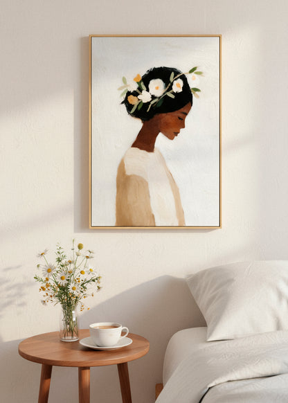 Framed “Saint” canvas print above a rattan chair in a sunlit room, styled with soft beige tones and Scandinavian calm.