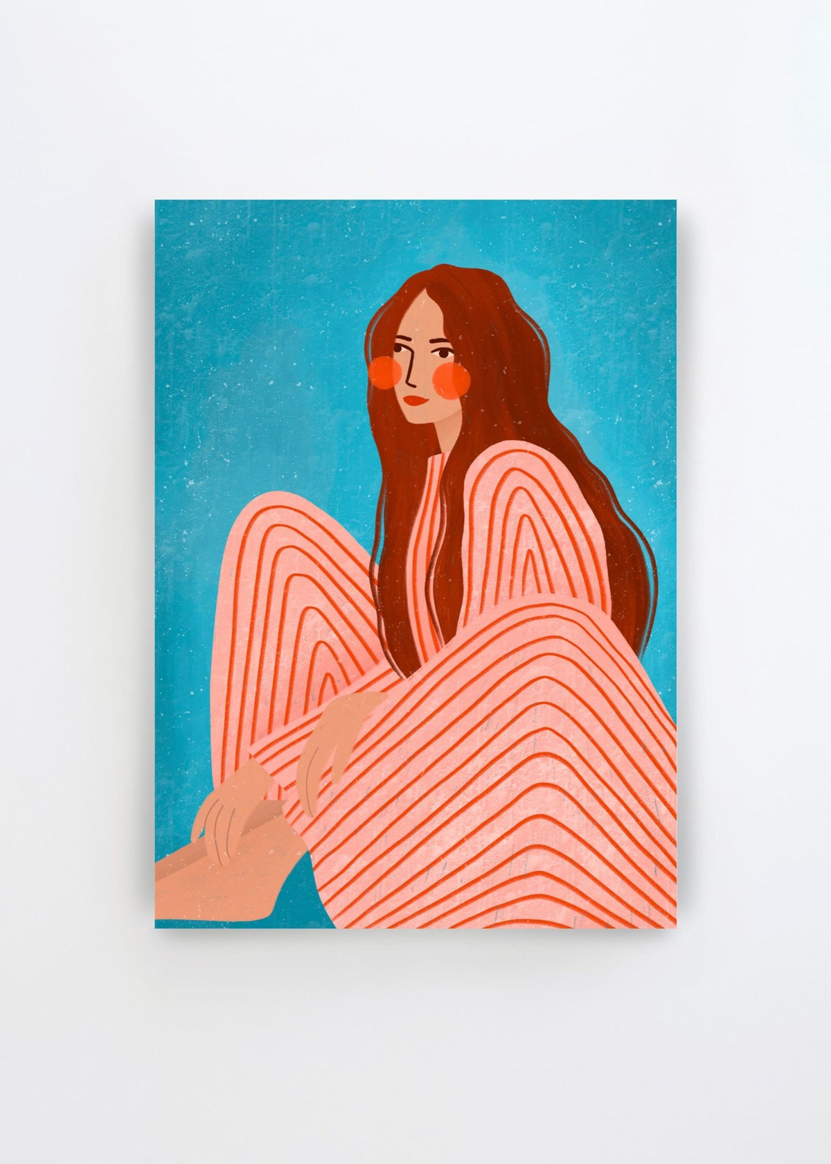 Serene Striped Woman by Bea Müller – colorful art poster featuring a seated woman with long dark hair in a flowing pink and orange striped outfit against a bright blue background.