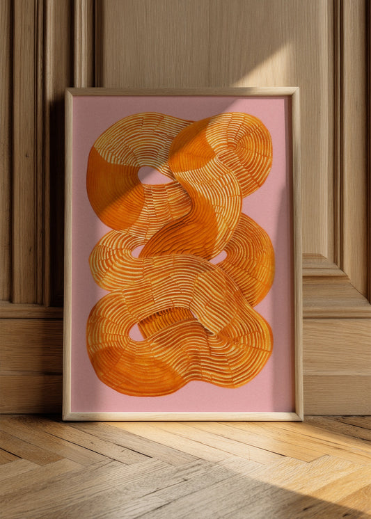 Shape No. 40 art print with orange abstract lines on pink background, framed and leaning against wooden wall in soft natural light