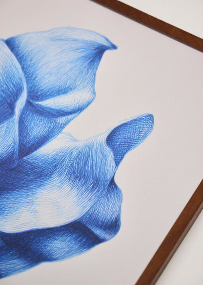 Shape no. 50 close up, minimalist poster in deep blue tones, modern decor with layered textures.