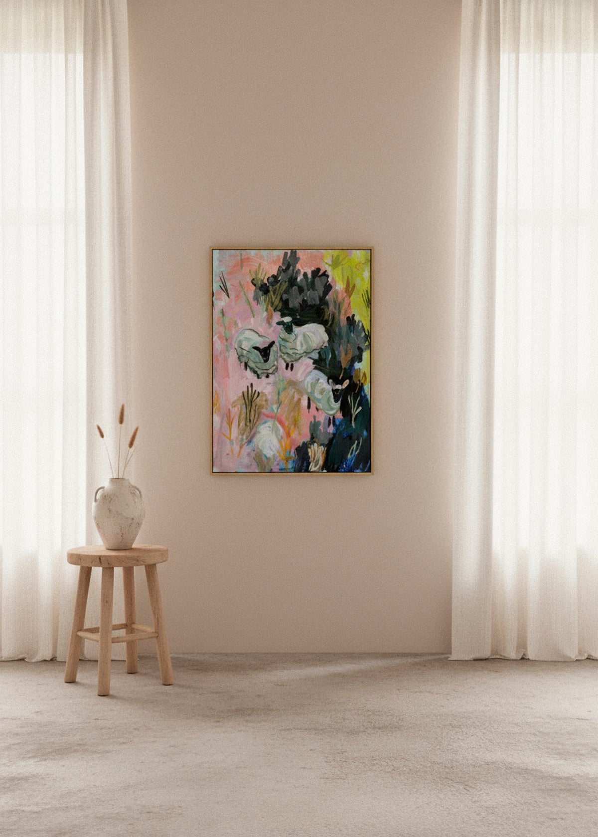 “Sheep Farm” canvas print beside a rustic wooden chair and a green plant, styled in a minimalist Scandinavian space.