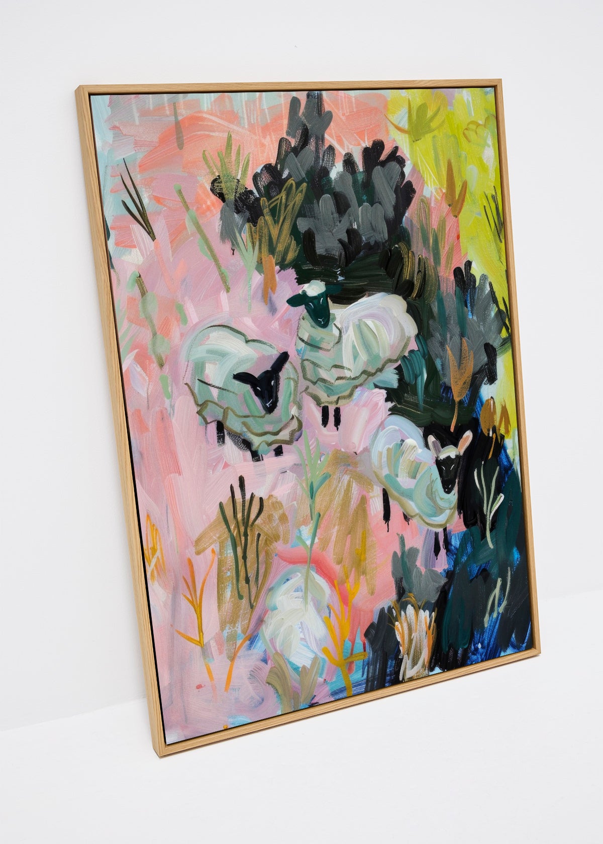 Colorful canvas print with sheep and floral elements – Sheep Farm by HelloPoster