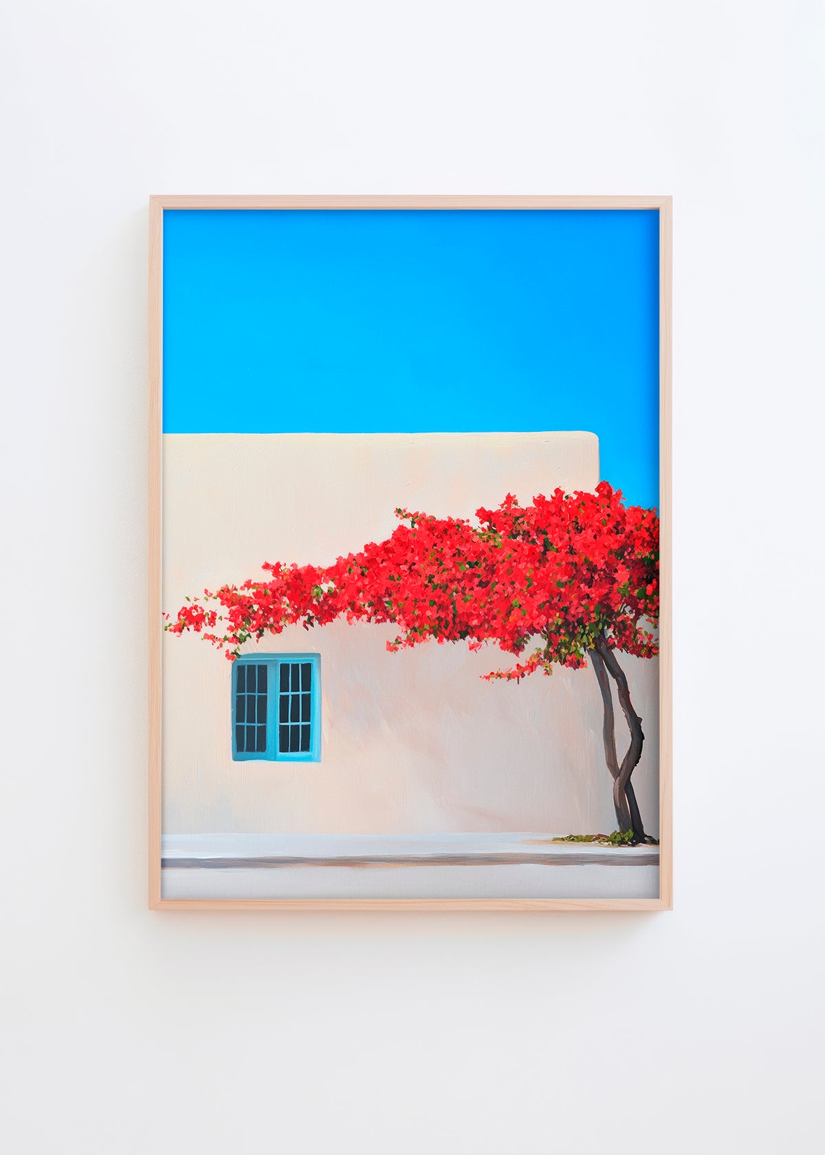 A minimalist poster titled Siesta, featuring a cream-toned building with red bougainvillea cascading over a blue-framed window under a bright blue sky.