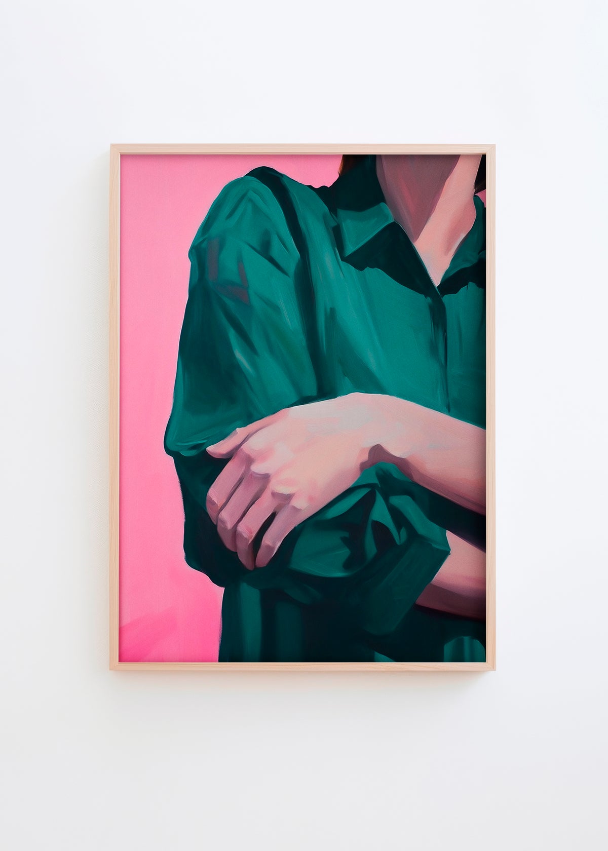 A modern art poster titled Silent Pose, featuring a serene composition in emerald green and pink tones with soft brushstrokes.