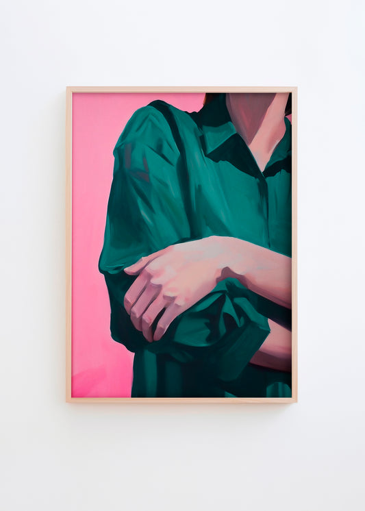 A modern art poster titled Silent Pose, featuring a serene composition in emerald green and pink tones with soft brushstrokes.