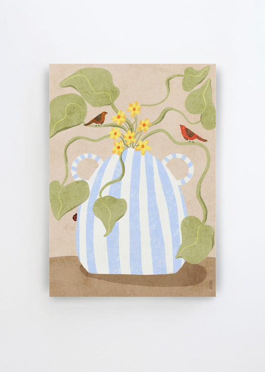 Spring Flowers and Birds by Dirkie Nell art print featuring a blue and white striped vase with yellow flowers, soft green leaves and two small red birds on a warm neutral background.