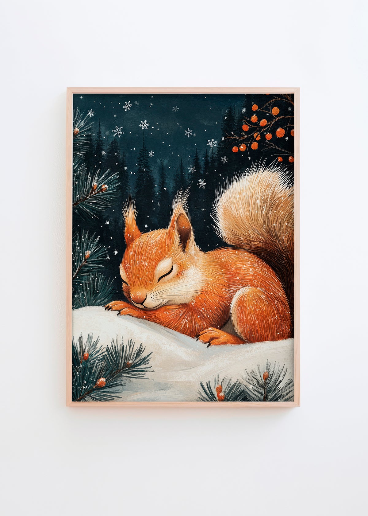 A charming poster titled "Squirrel," featuring a peaceful squirrel resting on a snowy forest floor, surrounded by pine branches and a starlit winter sky. Perfect for children's rooms and festive holiday decor.