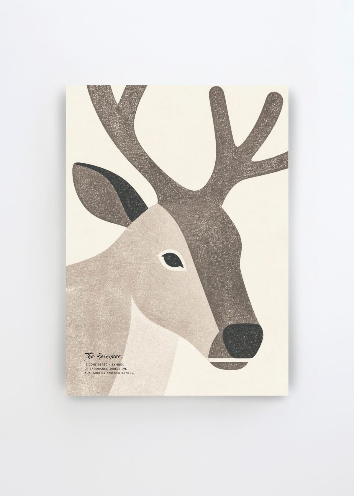 Symbolic Reindeer Portrait art poster by Ohkimiko featuring a minimalist reindeer in soft grey, beige and charcoal tones on a warm cream background.
