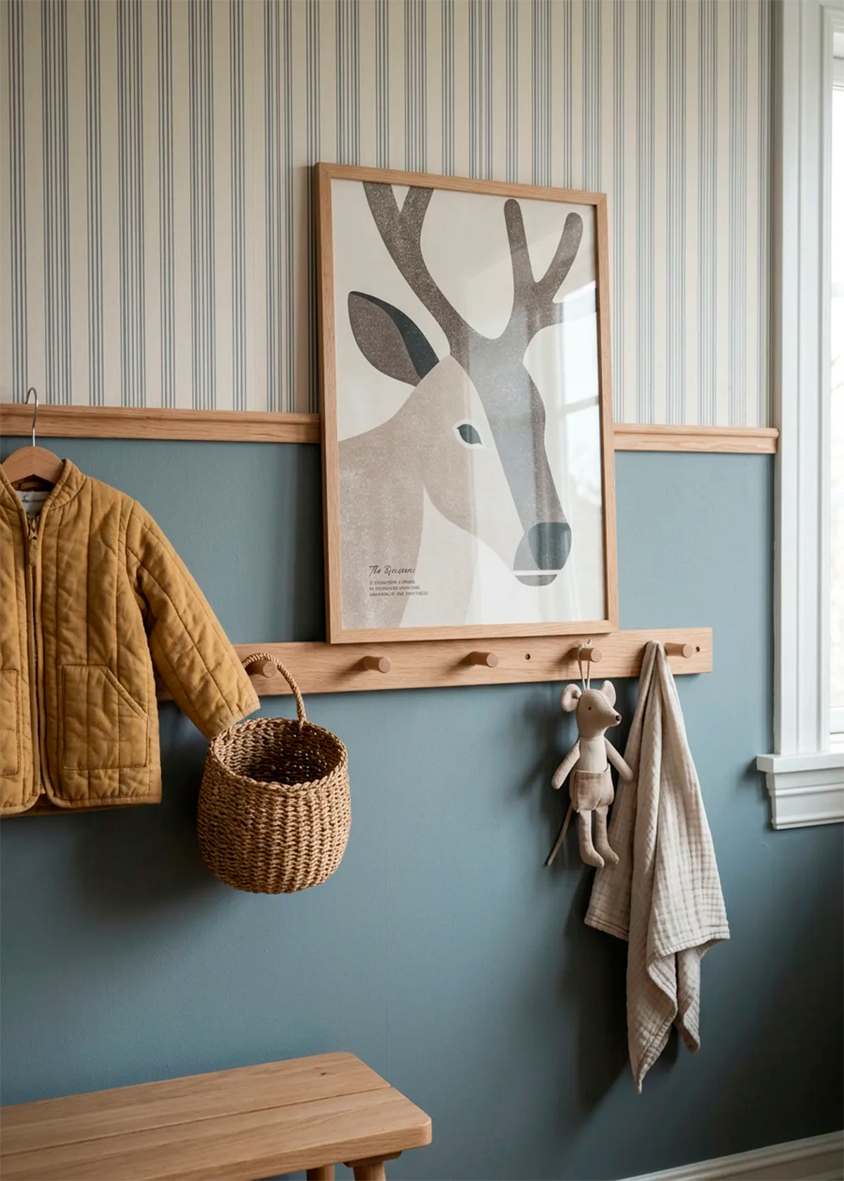 Symbolic Reindeer Portrait art poster by Ohkimiko displayed in a Nordic children’s room with blue-grey walls, striped wallpaper, natural wood details and soft neutral accessories.