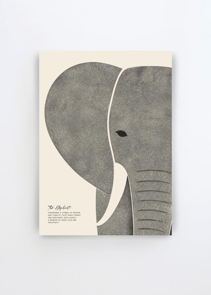 Textured Elephant Wisdom art poster by Ohkimiko featuring a minimalist grey elephant portrait with a large ear, curved white tusk and subtle textured details on a warm off-white background.