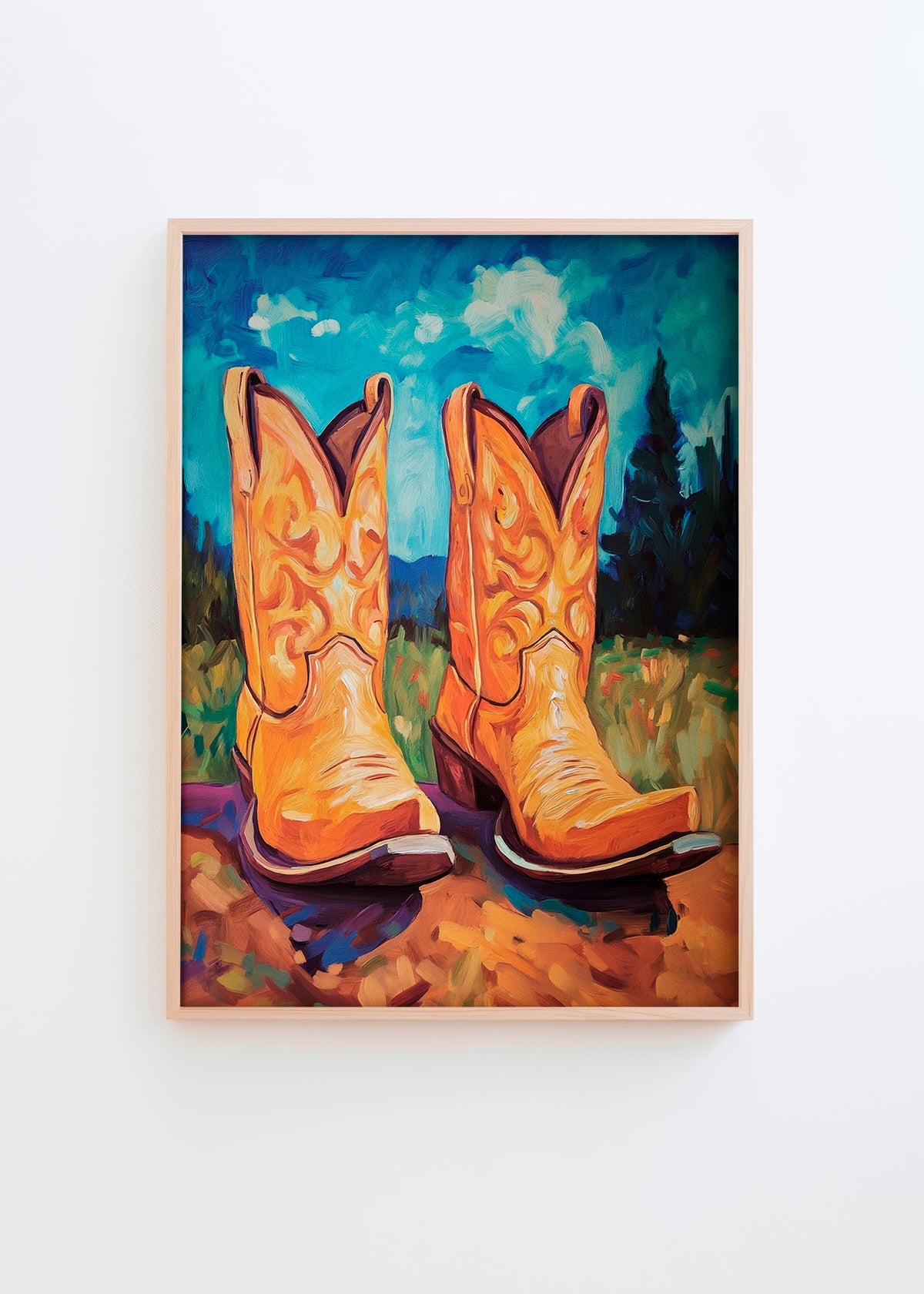 A vibrant poster titled "The Boot Collection – Male," featuring bold orange cowboy boots set against a bright blue sky, evoking Western charm and humor.