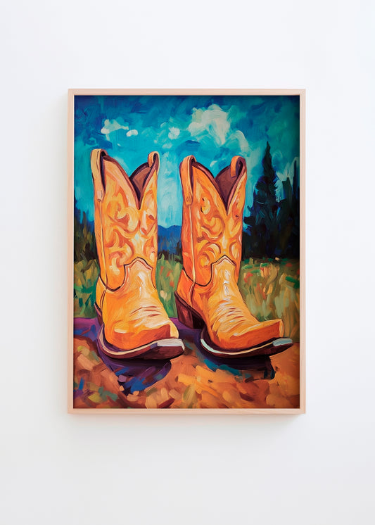 A vibrant poster titled "The Boot Collection – Male," featuring bold orange cowboy boots set against a bright blue sky, evoking Western charm and humor.