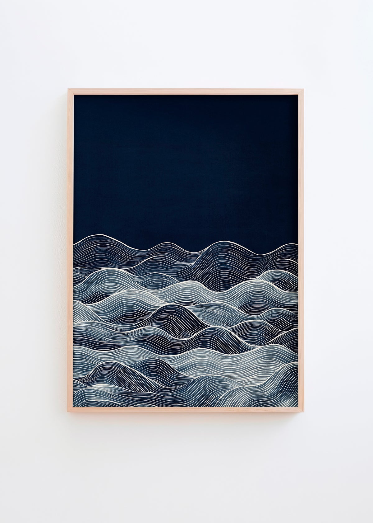 A minimalist art poster titled Tide, featuring white abstract waves flowing across a deep navy blue background, symbolizing calmness and movement.