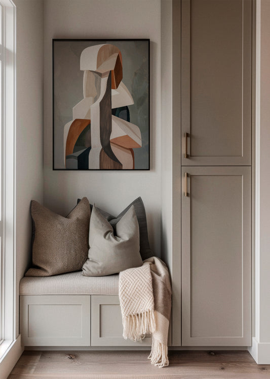 Timber - HelloPoster - Timber poster hanging above a cozy beige bench with pillows and throw – modern Nordic hallway or reading nook with abstract wall art.