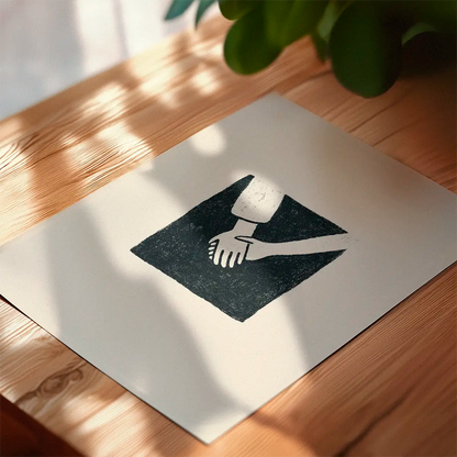 Close-up of the 'Togetherness' art print lying on a wooden table in warm natural sunlight, showing the minimalist illustration of two hands holding. Scandinavian poster design with soft shadows and a calm expression.
