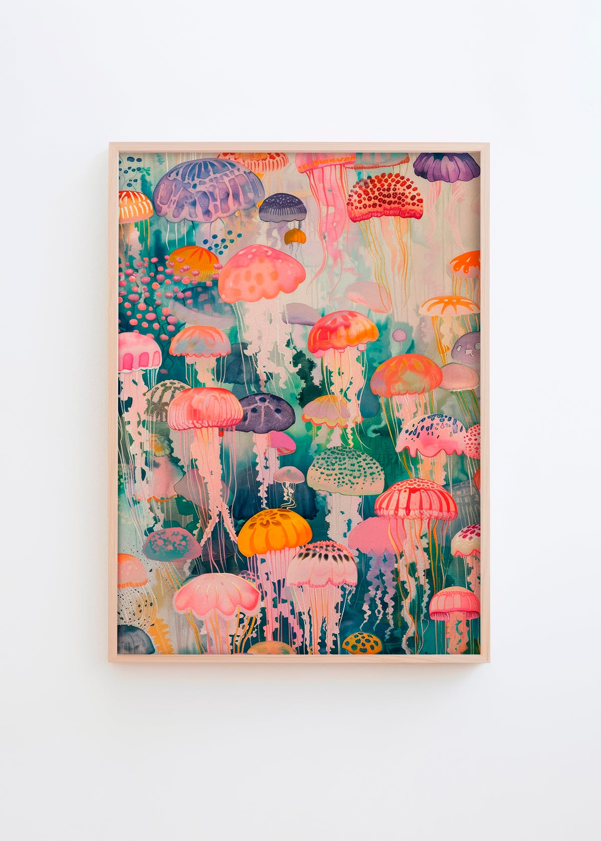 "Under Water" poster featuring vibrant jellyfish in shades of pink, orange, purple, and green against a deep-sea backdrop, perfect for adding color and creativity to any space.