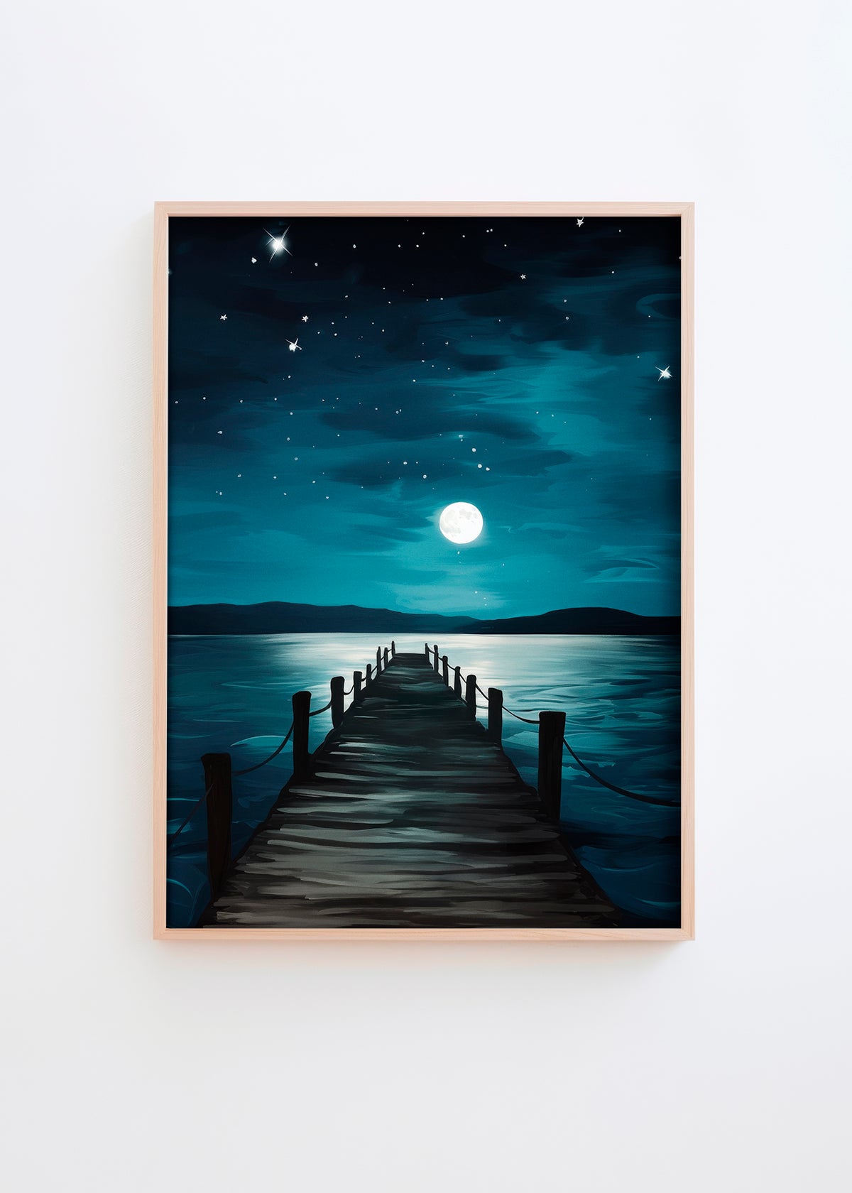 A serene poster titled "Under the Night Sky," featuring a moonlit lake, a wooden pier, and a starlit sky in calming blue tones. Perfect for adding tranquility to any space.