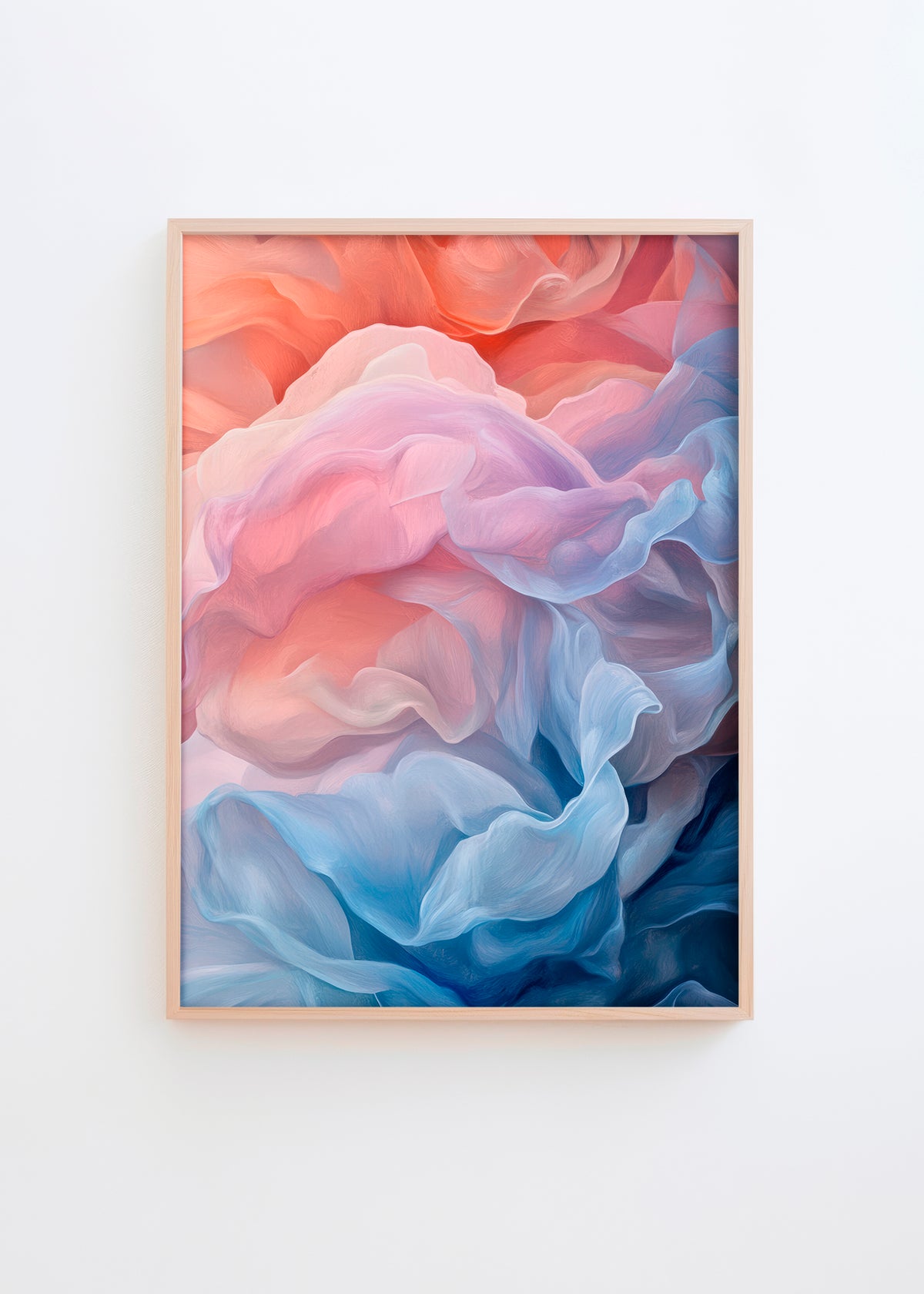 Velvet poster featuring flowing, fabric-like shapes in pastel hues of pink, blue, and peach, framed in natural wood. The artwork exudes a calm and dreamy atmosphere, ideal for adding a soft, elegant touch to modern interiors.