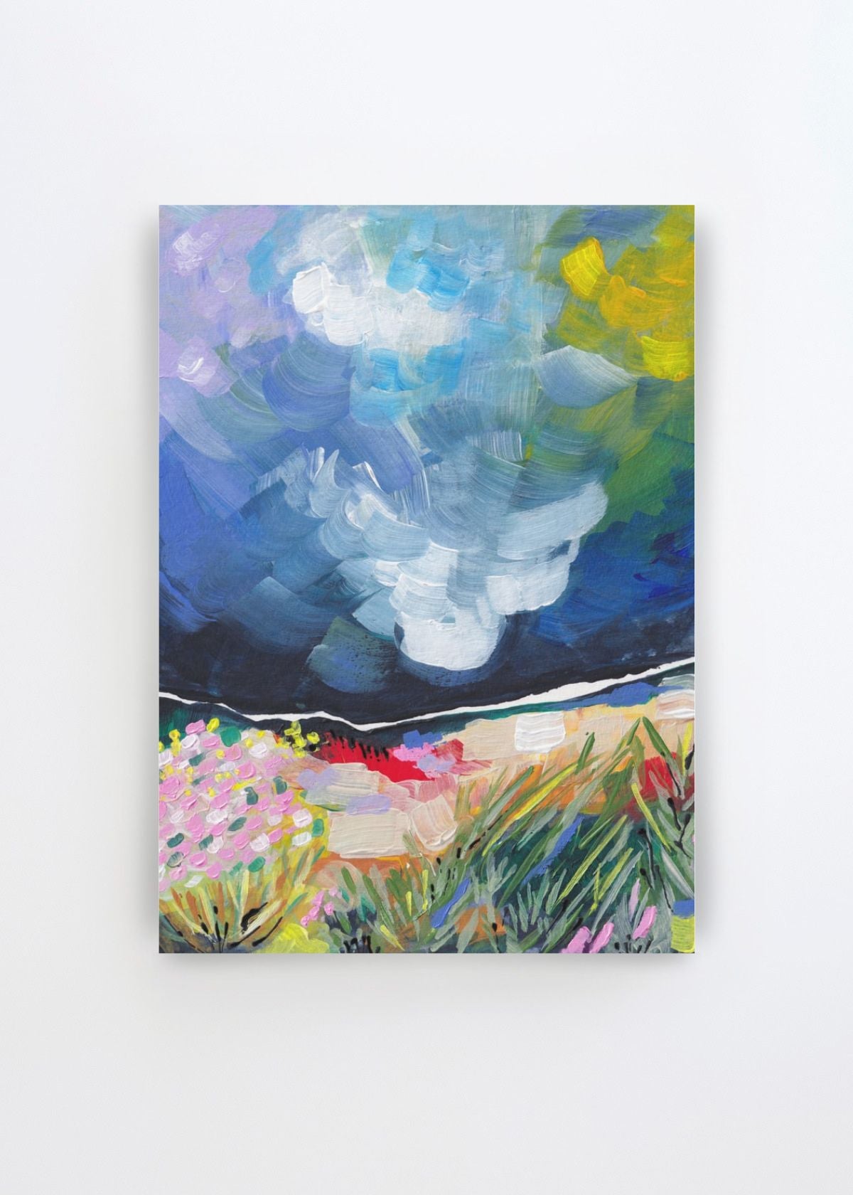 Vibrant Abstract Field Sky by Dirkie Nell art print featuring an expressive blue and turquoise sky, white cloud-like brushstrokes and a colourful wild meadow with pink, green and yellow details.