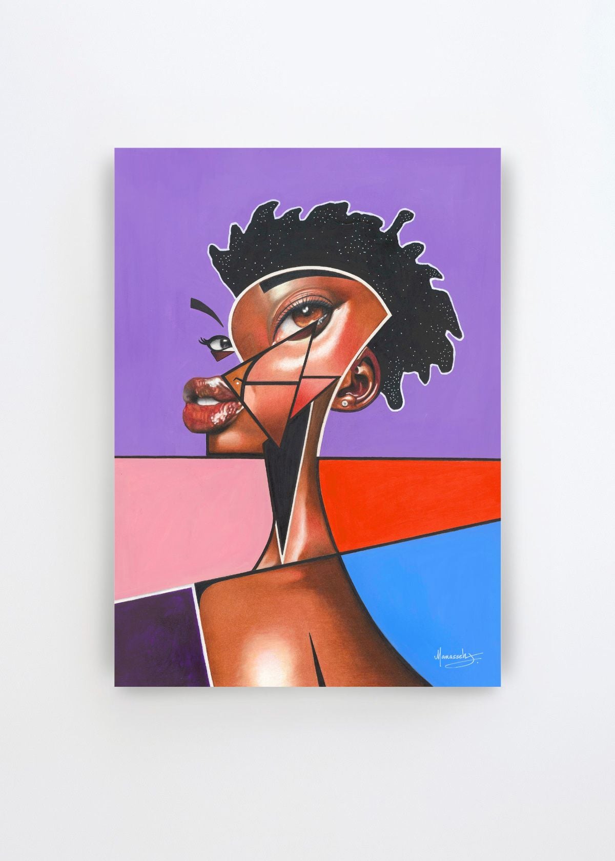 Vibrant Abstract Woman by Manasseh Johnson Sr. – colourful figurative art print featuring a woman in profile with geometric facial details, natural black hair and bold purple, pink, red, orange and blue shapes.