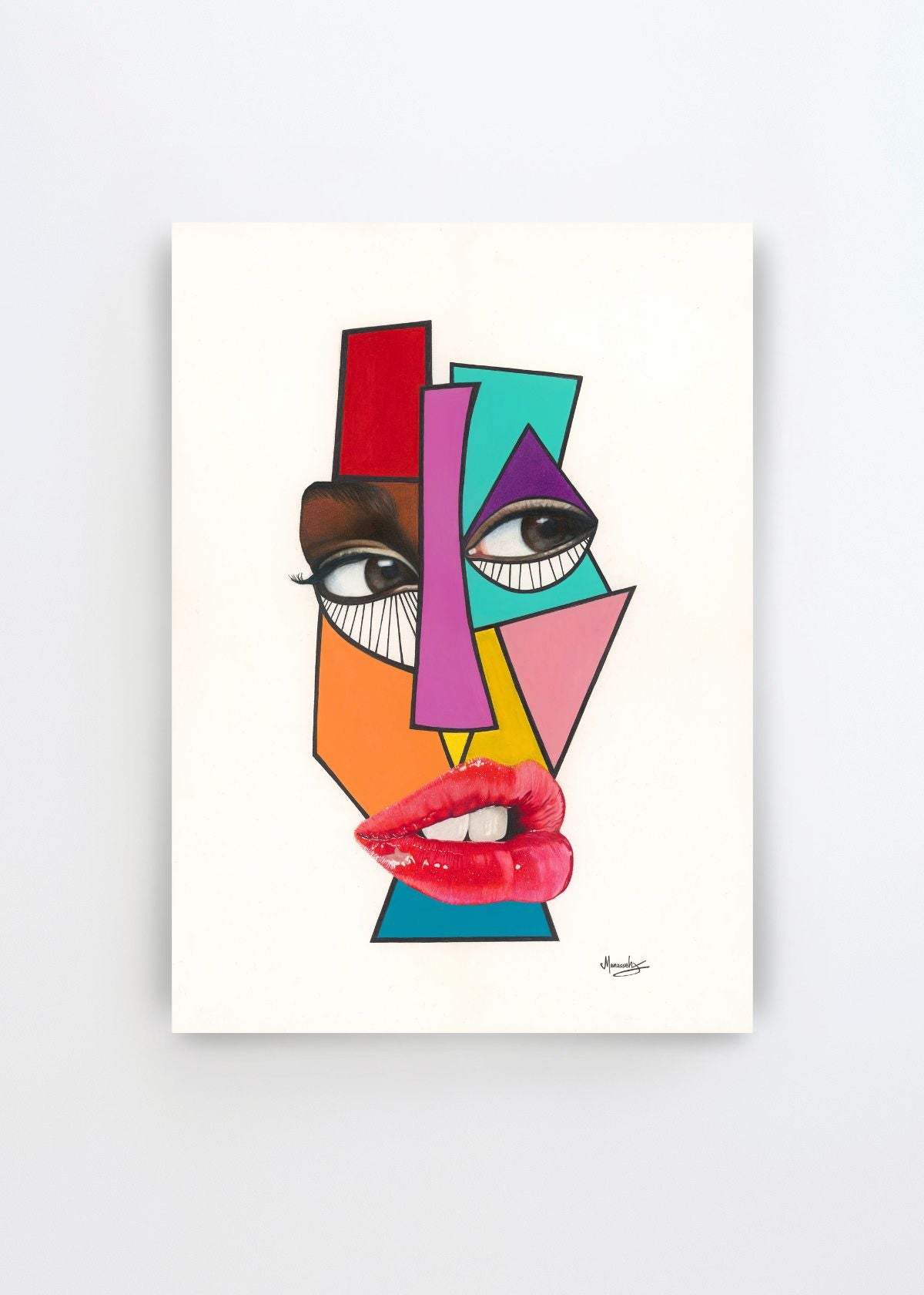 Vibrant Cubist Face by Manasseh Johnson Sr. – colourful abstract art print featuring a Cubist-inspired face with geometric shapes, expressive eyes and red lips on a light background.