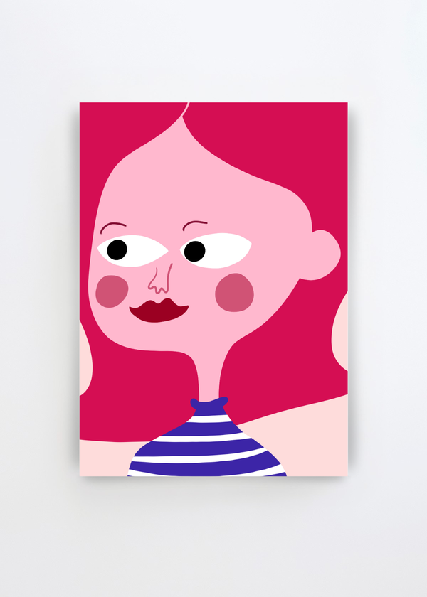 Whimsical Stripes by Athene Fritsch art print featuring a playful pink female face with rosy cheeks, dark pink hair and a blue and white striped top against a vivid pink background
