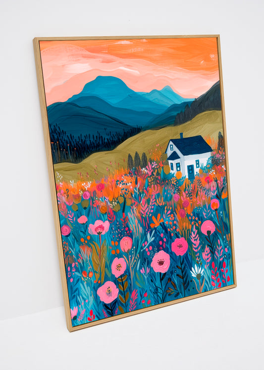 White House canvas print – colorful mountain landscape with flowers and white cottage