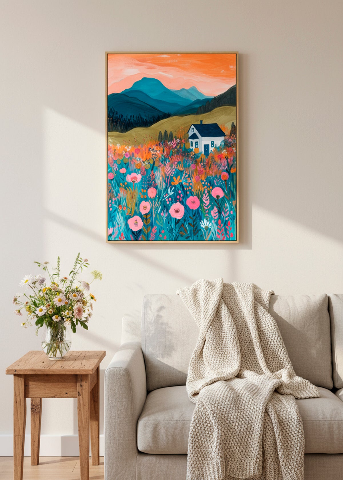 Colorful landscape canvas with a white house, blue mountains, and vibrant wildflowers, hanging above a cozy living room sofa