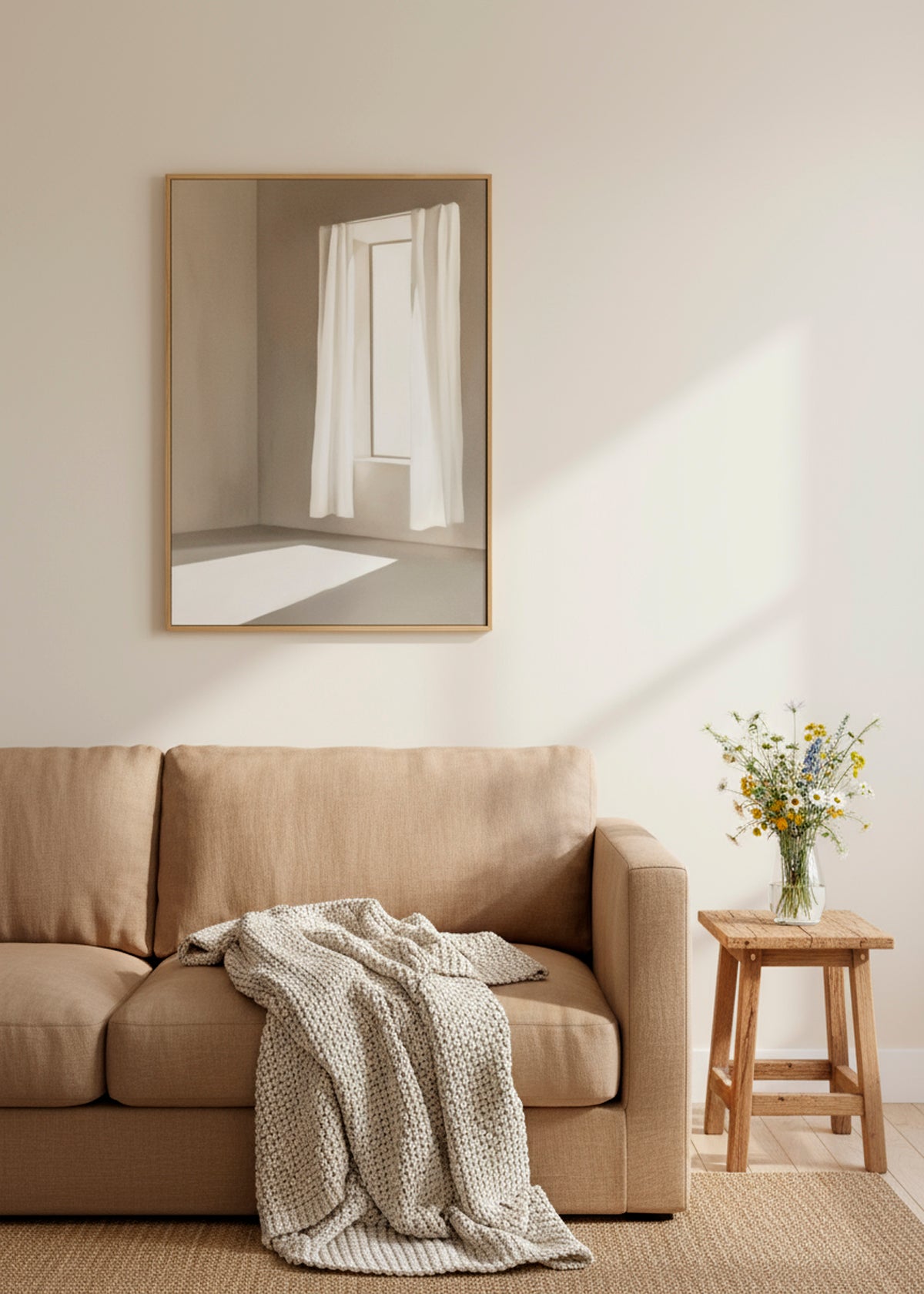 Canvas print of a soft minimalist room with sunlight streaming through an open window and white curtains, styled above a beige sofa.