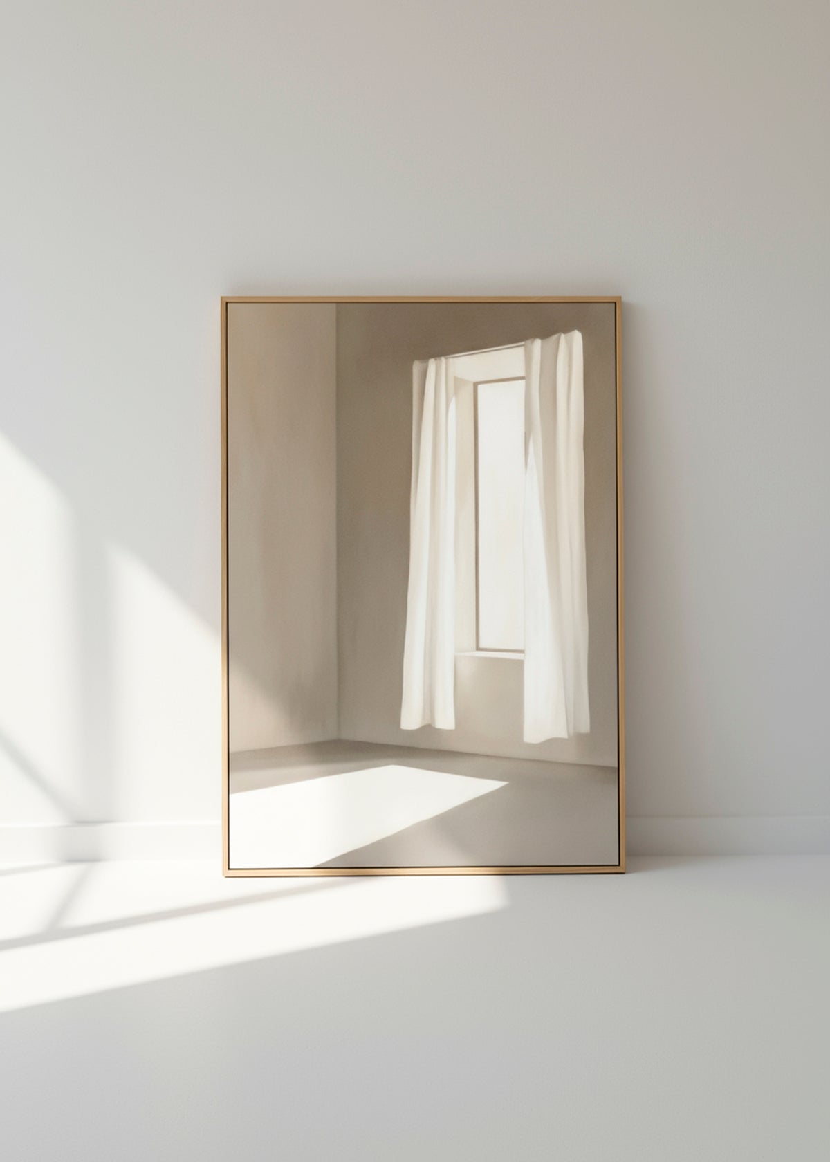Minimalist window artwork on canvas leaning against a white wall with bright natural light and soft shadows.