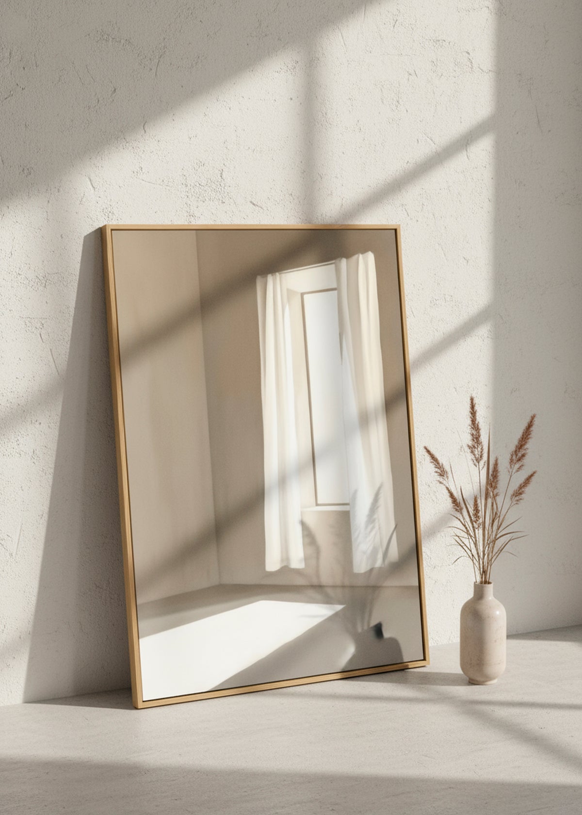 Canvas print of a calm, neutral-toned room with white curtains and sunlight, leaning against a textured wall with decorative vase.