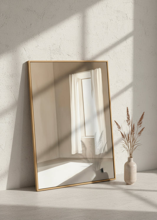 Canvas print of a calm, neutral-toned room with white curtains and sunlight, leaning against a textured wall with decorative vase.