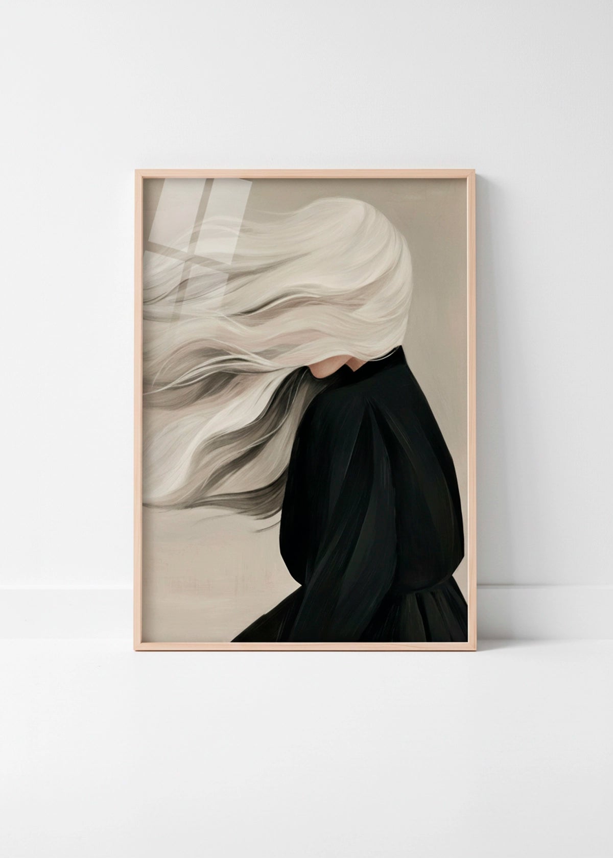 Windy poster leaning against a white wall in a minimal Scandinavian interior with soft daylight reflections.