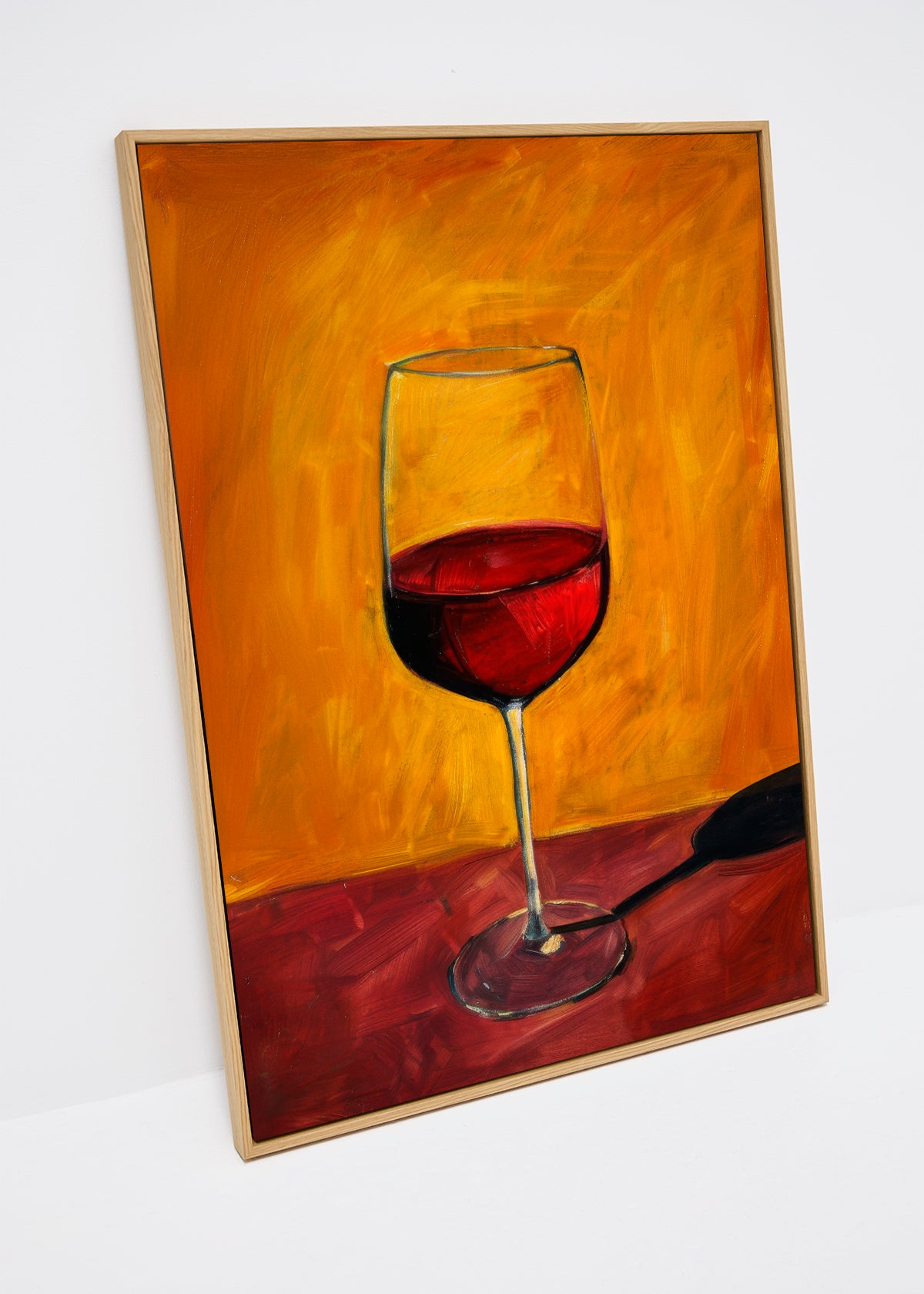Canvas print of a red wine glass against an orange background – warm and expressive artwork from HelloPoster.