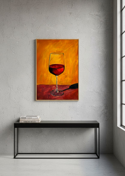 Red wine glass artwork displayed on a light grey concrete wall above a black console table.