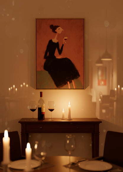 Wine-themed canvas with a woman in a black dress sitting with a glass of wine, hanging on a soft pink wall.